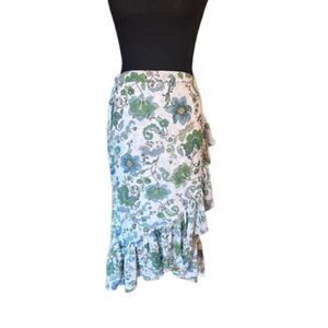 Vince Camuto White Ruffled Wrap Skirt Blue & Green Print Size M